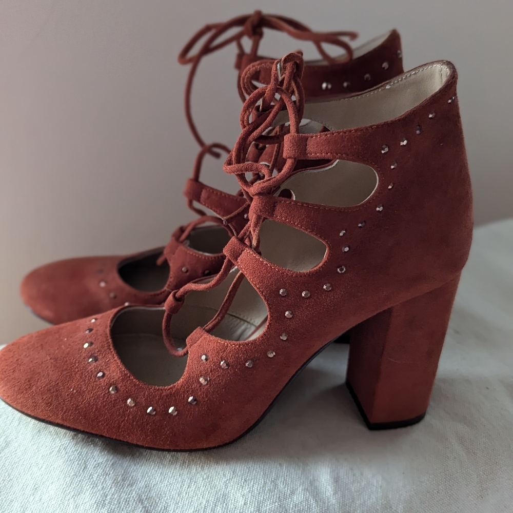 Sapena Spain Lace Up Chunky Ankle Heel Brown Suede Leather Round Yoe Euro 37.5 - Picture 7 of 16